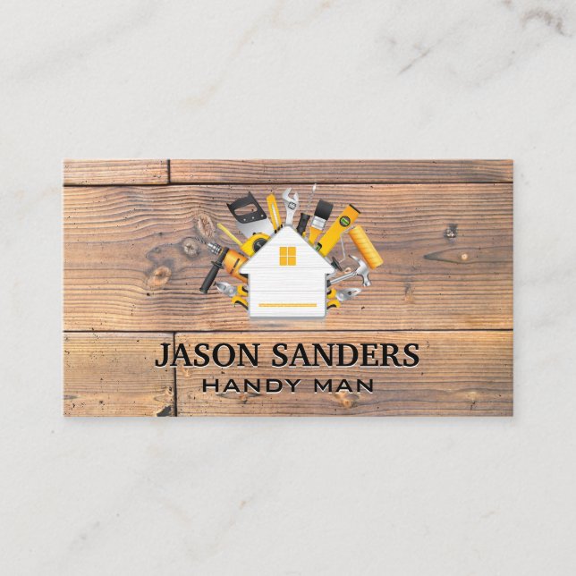 Carpentry Tools and Home Icon | Wood Business Card (Front)