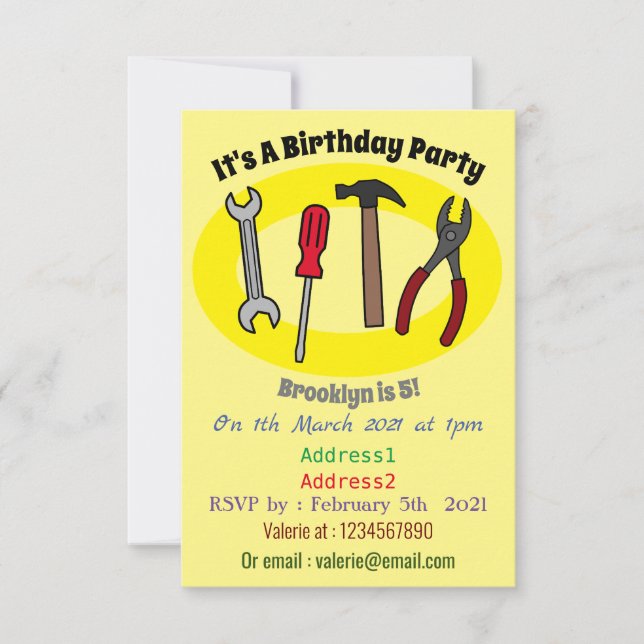 Carpentry tools cartoon illustration invitation (Front)