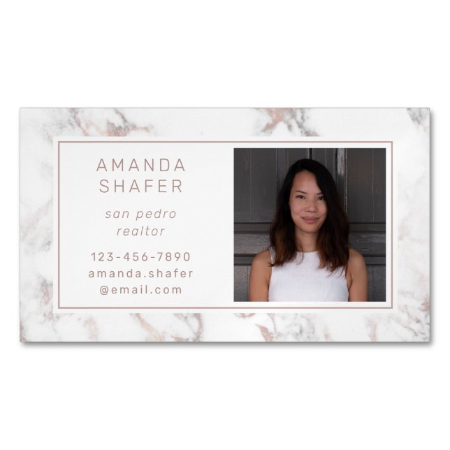 Carrara Marble Faux Rose Gold Photo Magnetic Business Card (Front)