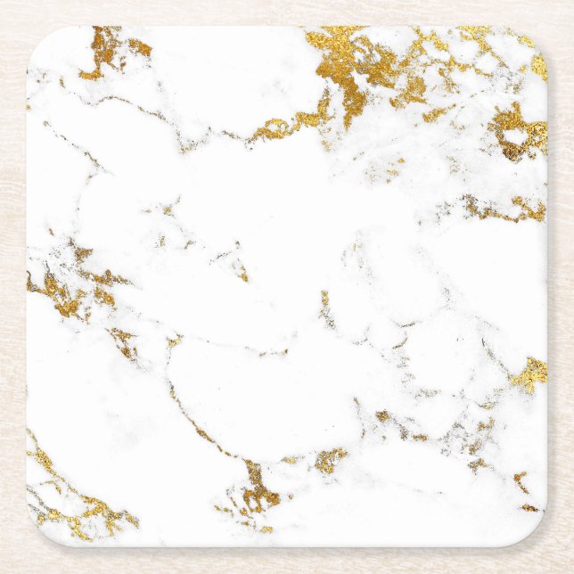 Carrara White Gold Marble Abstract Square Coasters (Front)