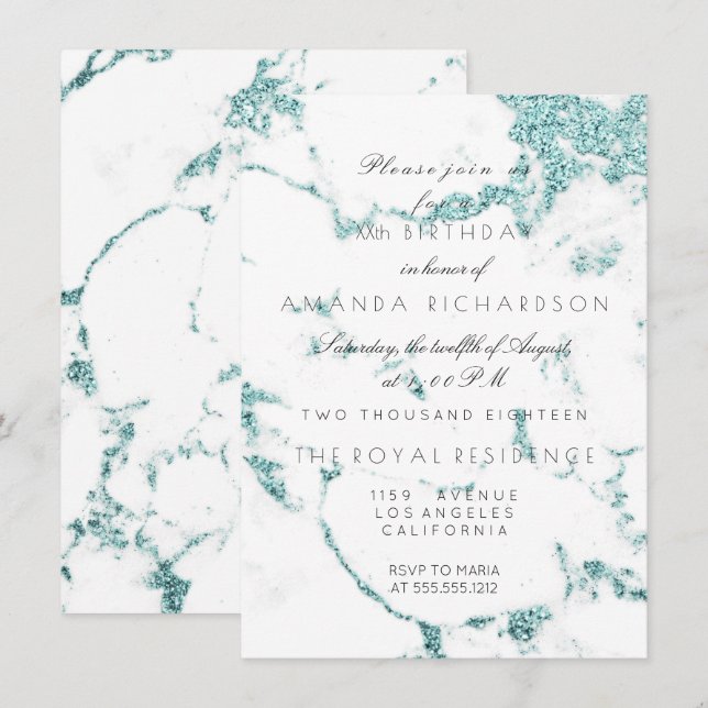 Carrara White Marble Tiffany Aqua Glitter Birthday Invitation (Front/Back)