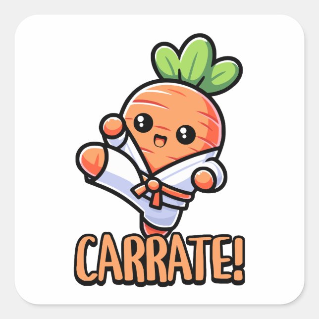 Carrate! Cute Karate Carrot Pun Cartoon Is Perfect Square Sticker (Front)
