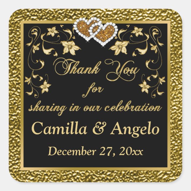 Carré 1,5 Po² Or, Flore Noire, Coeurs Favoriser Sticker (Devant)