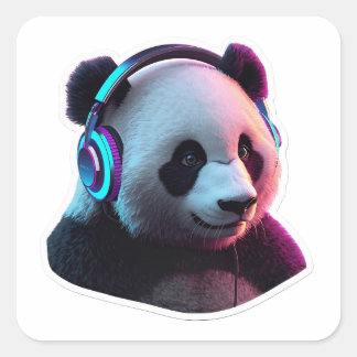 Carré 3D Neon Panda with Headphones Gaming Sticker Art
