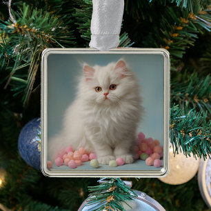 Carré Argenté Beau Ornement de Chat Fluffy Blanc