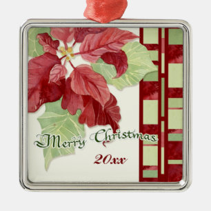 Carré Argenté Élégant Poinsettia Noël Ornement personnalisé
