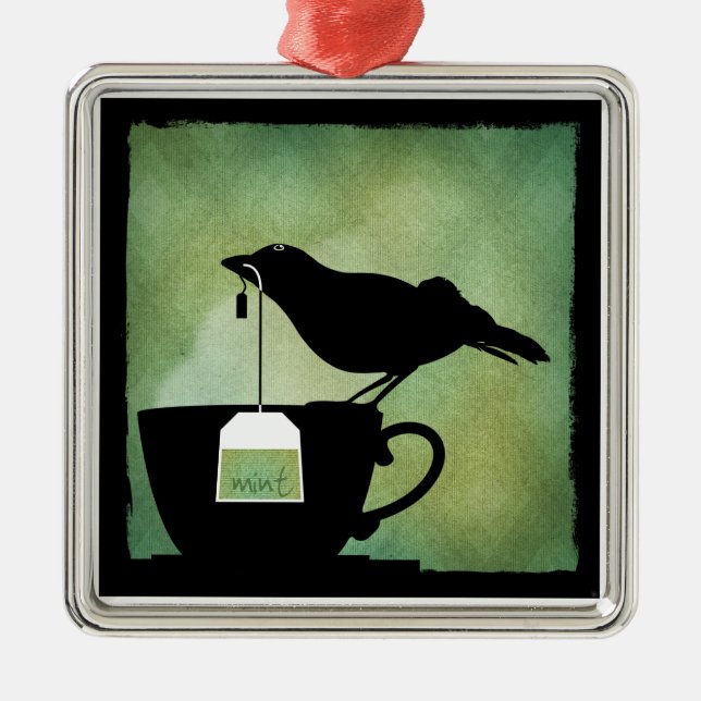 Carré Argenté Oiseau sur un ornement de tasse de thé (Devant)