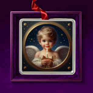 Carré Argenté Ornement d'ange de Noël avec bougie