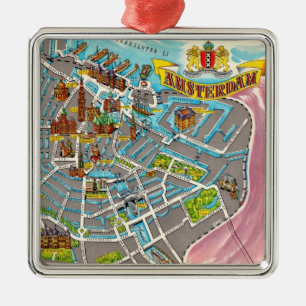 Carré Argenté Ornement de carte illustrée vintage d'Amsterdam