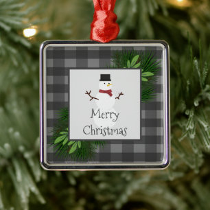 Carré Argenté Snowman Gris Buffalo Plaid en céramique ornement