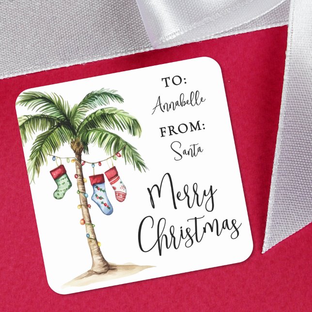 Carré Beach Christmas Gift Tag Sticker (Palm Tree Tropical Christmas Gift Tag Sticker)