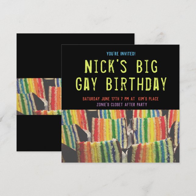 Carré Big Gay Birthday Rainbow Cake Invitation (Devant / Derrière)