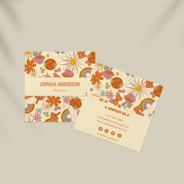 Carré Boho Retro Floral Carte de visite avec Funky les a (Créateur téléchargé)
