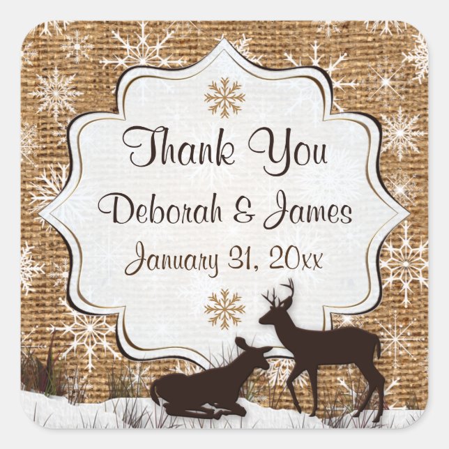 Carré Burlap rustique, Snowflakes Wedding Favor Sticker  (Devant)