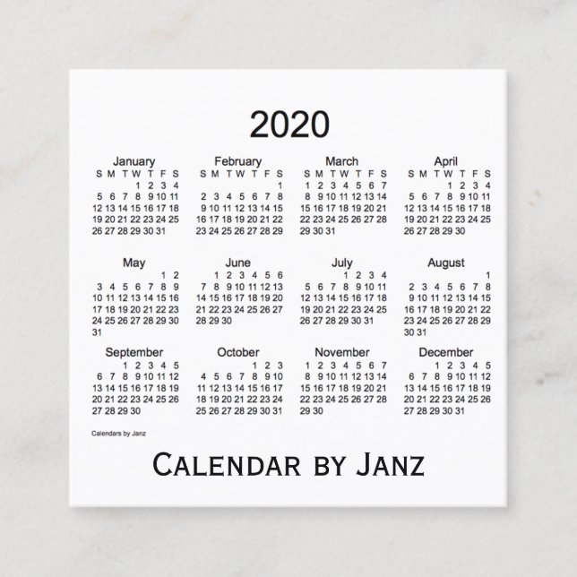 Carré Calendrier blanc 2020 par Janz Carte de visite Car (Devant)