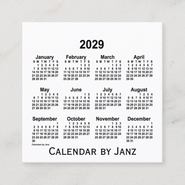 Carré Calendrier blanc 2029 par Janz Carte de visite Car (Devant)