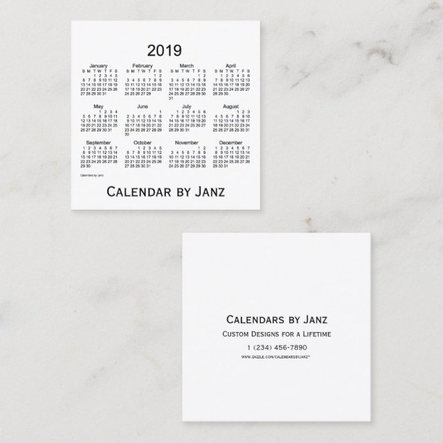 Carré Calendrier de 2019 blancs par le carte de visite (Devant / Derrière)