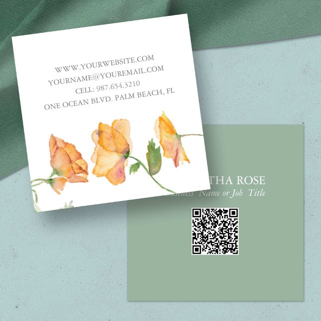 Carré Carte de visite de code QR - Aquarelle Florale (unique business cards botanical QR code watercolor orange poppies flowers)
