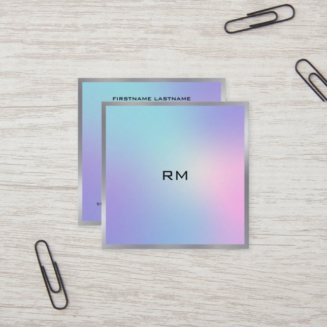 Carré Carte de visite métallique accent rose et bleu fon (Devant/Arrière en situation)