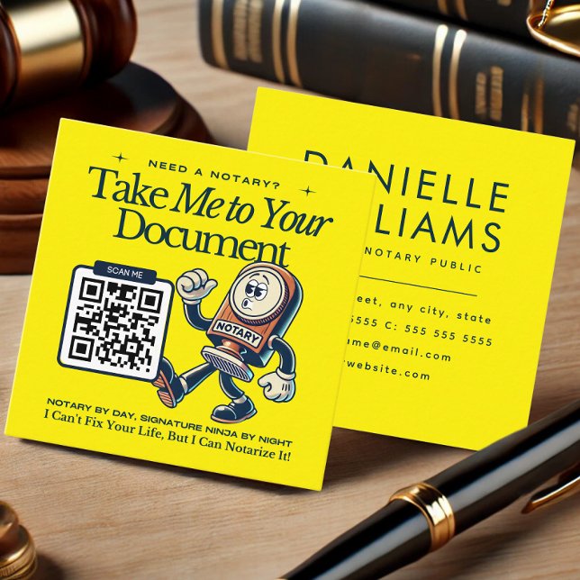 Carré Carte de visite noir de code QR jaune (Yellow QR Code Notary Business Card - Take Me to Your Document Theme)