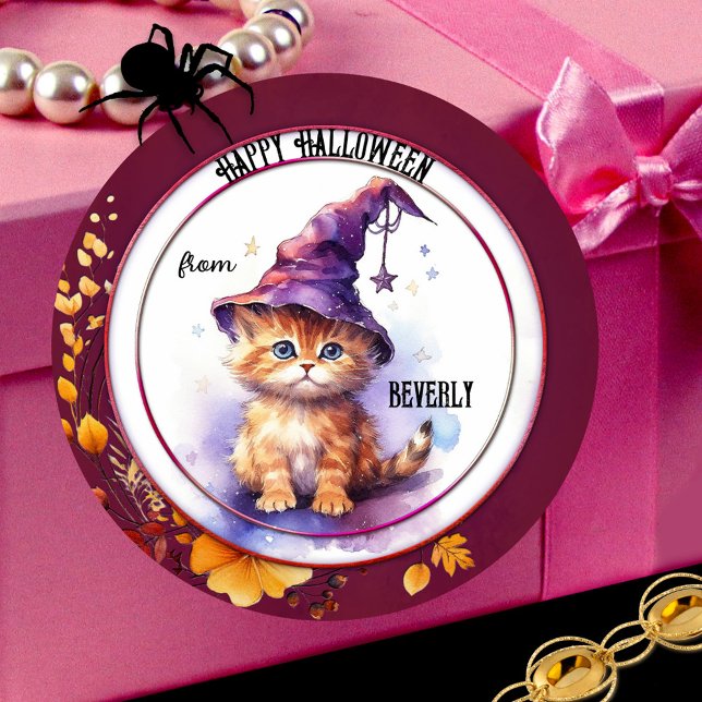 Carré Chateau Aquarelle Cute Kitten Happy Sticker Hallow (Cute Halloween sticker featuring a kitten with a witch hat in watercolor)