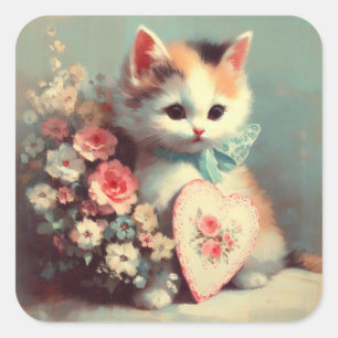 Carré Chaton avec Sticker de peinture Vintage Valentine