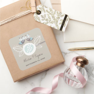 Carré Chouette Mariage Whimsical Sur Sticker Bleu Branch