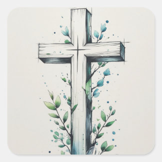 Carré Christian Cross with Watercolor Branches Sticker