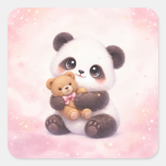 Carré Cute Baby Panda Hugging Teddy Bear Square Sticker