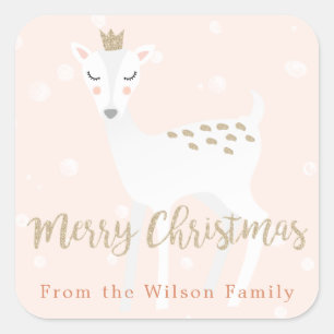 Carré Cute Deer Sticker de Noël personnalisé rose