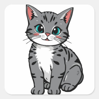 Carré Cute Gray Tabby Cat Sticker – Adorable Cartoon Kit