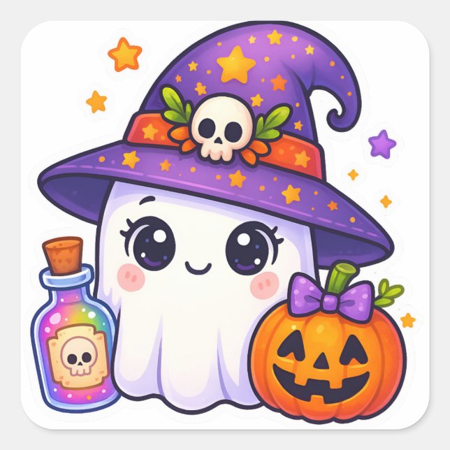 Carré Cute Halloween Ghost Witch Sticker – Kawaii Ghost  (Devant)