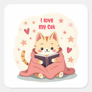 Carré Cute persian cat Sticker, reading book cat sticker