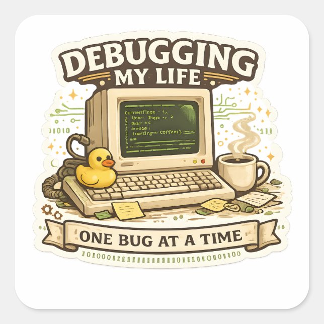 Carré Debugging My Life Funny Programmer Sticker coding (Devant)