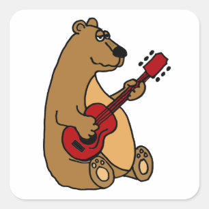 Carré Drôle Ours Brown Jouant Sticker Guitare Rouge