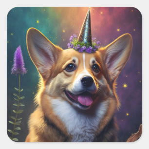 Carré Étincelle le Corgi Unicorn - Sticker Arc-en-ciel