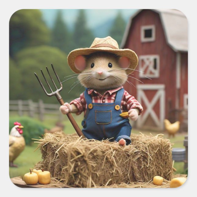 Carré Fermier de souris adorable sur Sticker Hay (Devant)