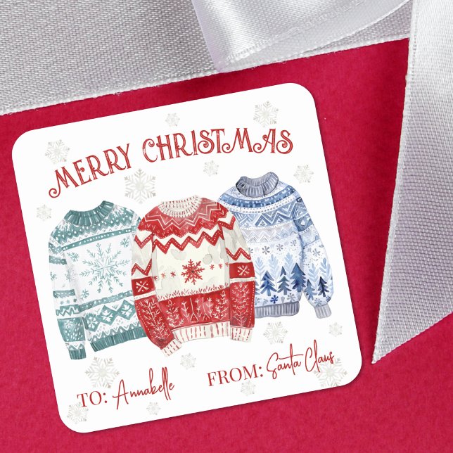 Carré Festive Christmas Gift Tag Sticker (Ugly Sweater Christmas Gift Tag Sticker)