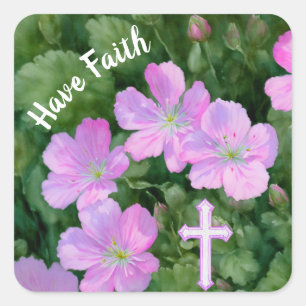 Carré Fleurs roses et croix ont Sticker de foi