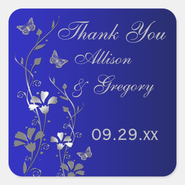 Carré Flore bleu, gris argenté avec Sticker à papillons (Devant)