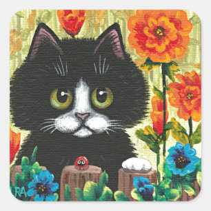 Carré Funny Black White Cat Creationarts  Sticker
