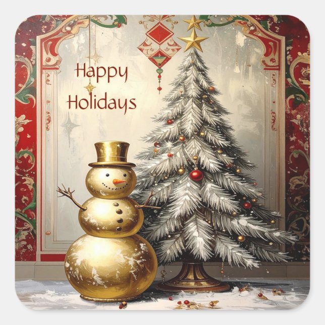 Carré Gold Snowman Christmas Tree Holiday Sticker (Devant)