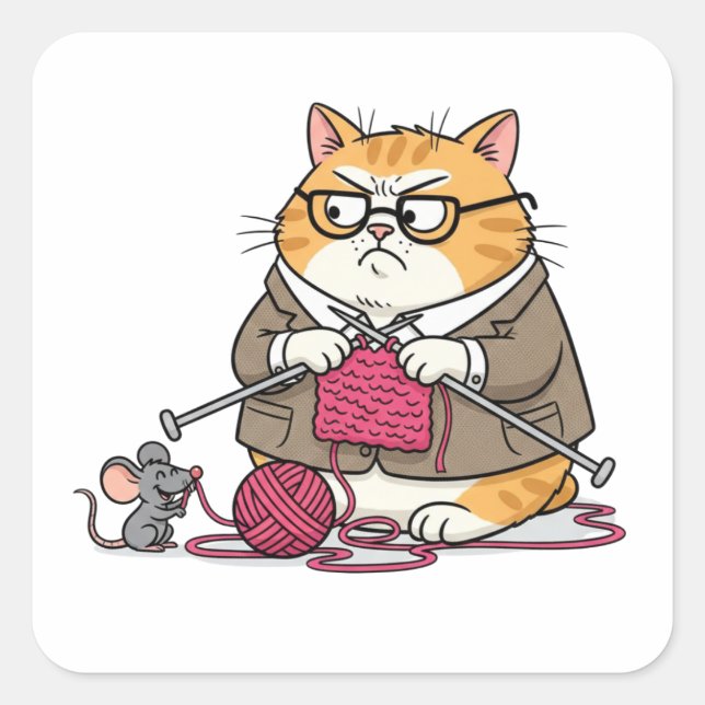 Carré Grumpy Cat Knitting Funny Cartoon Sticker (Devant)