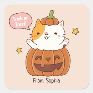 Carré Joli Chat Halloween En Sticker Citrouille sculpté