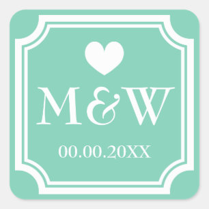 Carré menthe monogramme mariage faveur autocollant