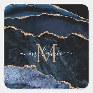 Carré Monogramme Nom Agate Marine Bleu Sticker en marbre