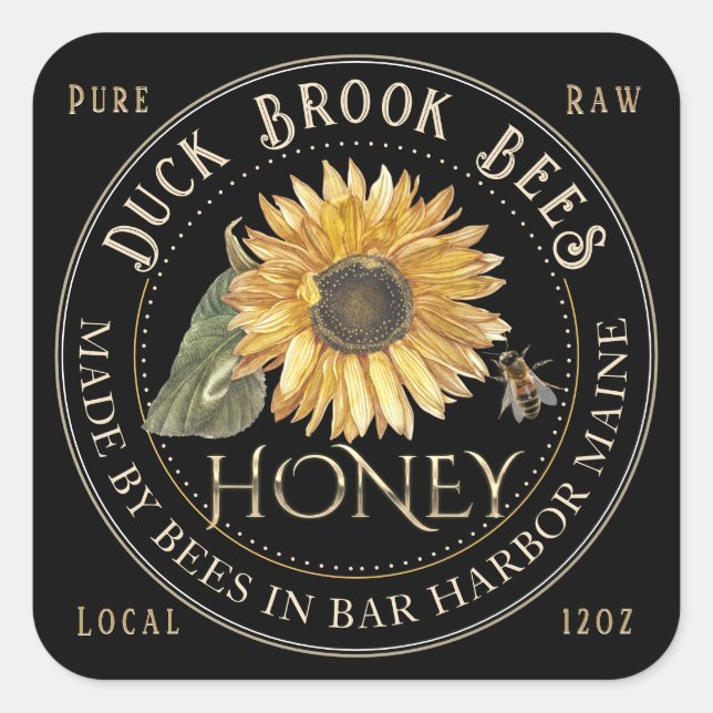 Carré noir Sunflower Honey Étiquette pour les ours (Devant)