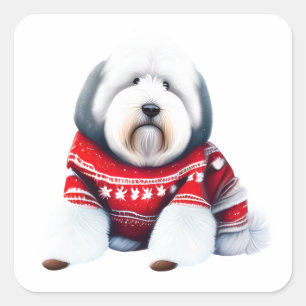 Carré Old French Sheepdog dans Sticker Sweater de Noël