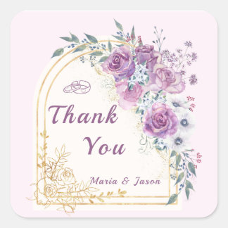 Carré Purple Gold Floral Wedding Thank You Sticker