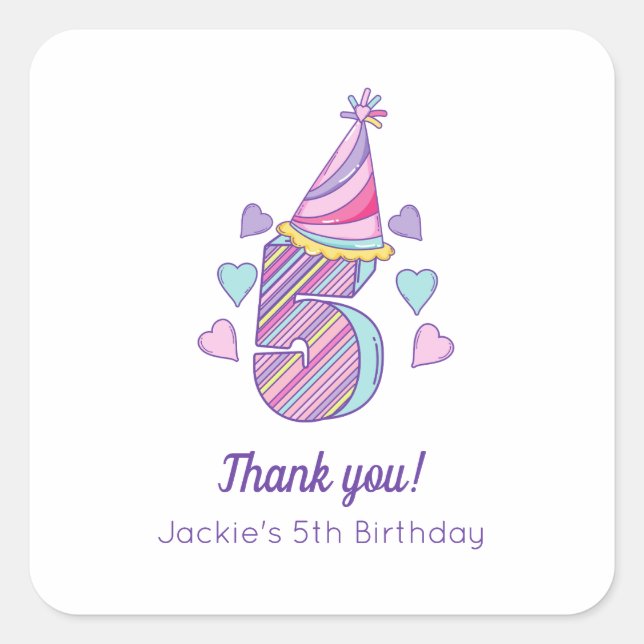 Carré Rainbow Girls 5th Birthday Party Favoriser Sticker (Devant)